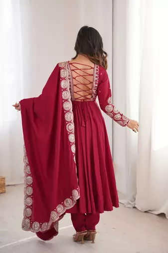 Maroon sequins embroidered roman silk anarkali set