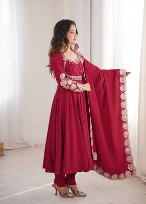 Maroon sequins embroidered roman silk anarkali set 3