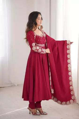 Maroon sequins embroidered roman silk anarkali set