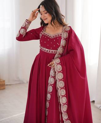 Maroon sequins embroidered roman silk anarkali set 4