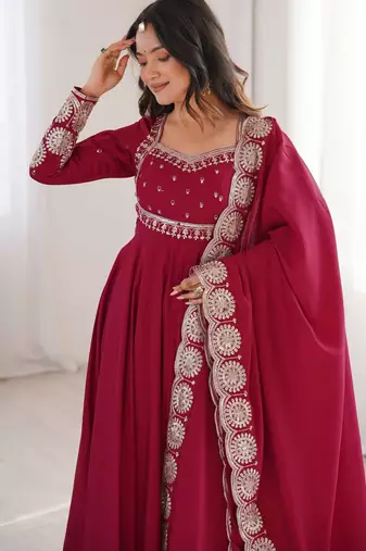 Maroon sequins embroidered roman silk anarkali set