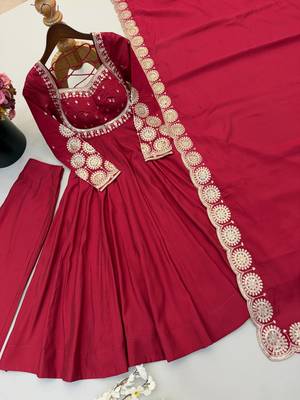 Maroon sequins embroidered roman silk anarkali set 5