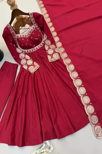 Maroon sequins embroidered roman silk anarkali set