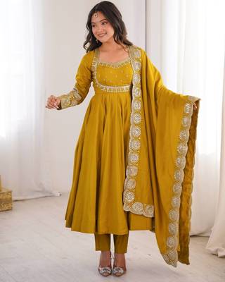 Yellow sequins embroidered roman silk anarkali set 1