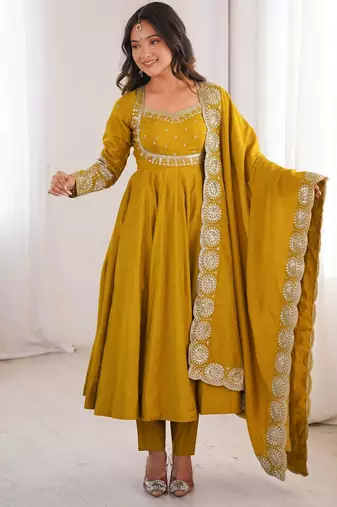 Yellow sequins embroidered roman silk anarkali set
