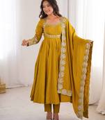 Yellow sequins embroidered roman silk anarkali set