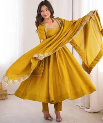 Yellow sequins embroidered roman silk anarkali set 2