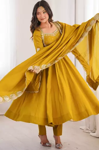 Yellow sequins embroidered roman silk anarkali set