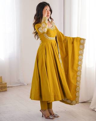 Yellow sequins embroidered roman silk anarkali set 3