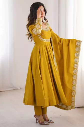 Yellow sequins embroidered roman silk anarkali set