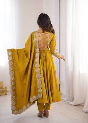 Yellow sequins embroidered roman silk anarkali set 4