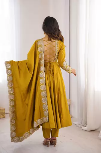 Yellow sequins embroidered roman silk anarkali set