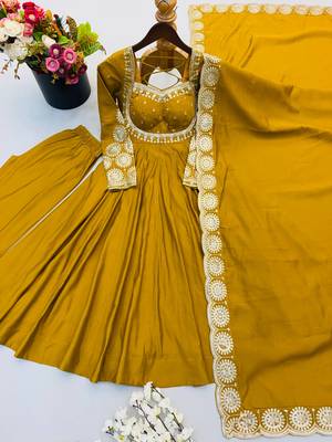 Yellow sequins embroidered roman silk anarkali set 5
