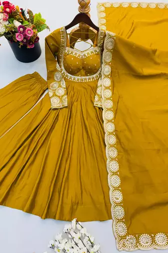 Yellow sequins embroidered roman silk anarkali set