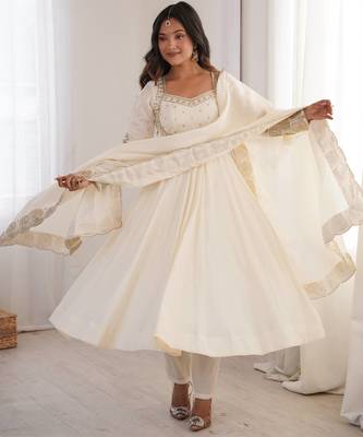 White sequins embroidered roman silk anarkali set 1