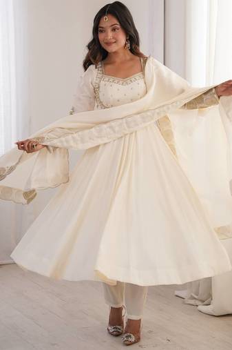White sequins embroidered roman silk anarkali set