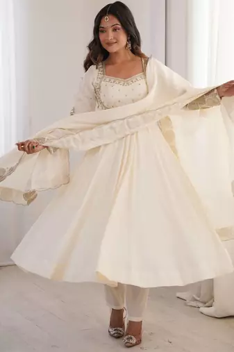 White sequins embroidered roman silk anarkali set