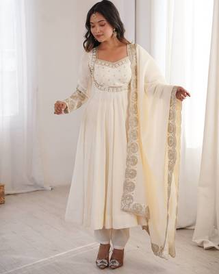 White sequins embroidered roman silk anarkali set 2