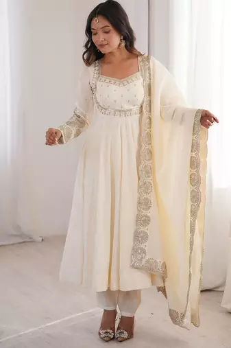 White sequins embroidered roman silk anarkali set