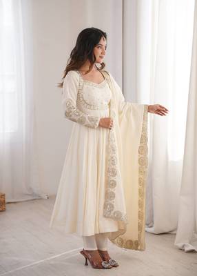 White sequins embroidered roman silk anarkali set 3