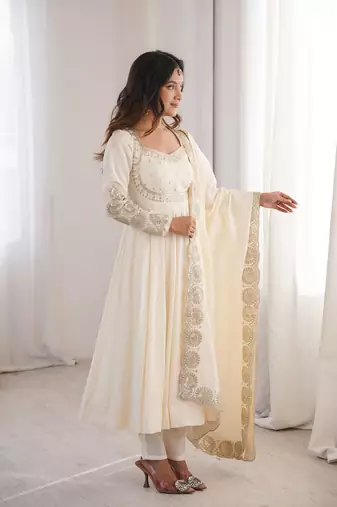 White sequins embroidered roman silk anarkali set
