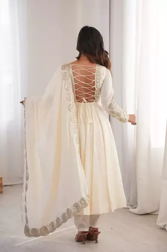 White sequins embroidered roman silk anarkali set