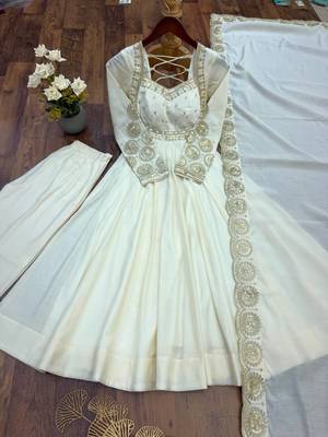 White sequins embroidered roman silk anarkali set 5
