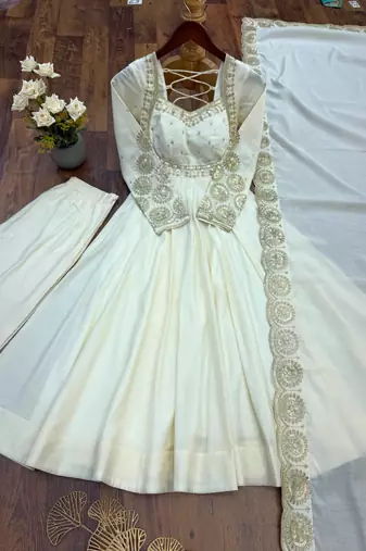 White sequins embroidered roman silk anarkali set