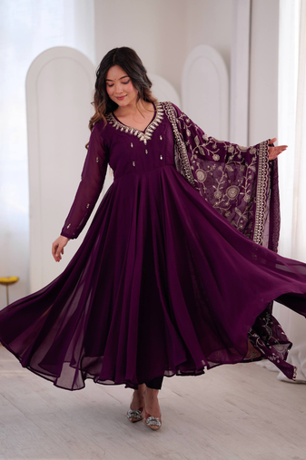 Purple khatli & mirror work georgette gown set