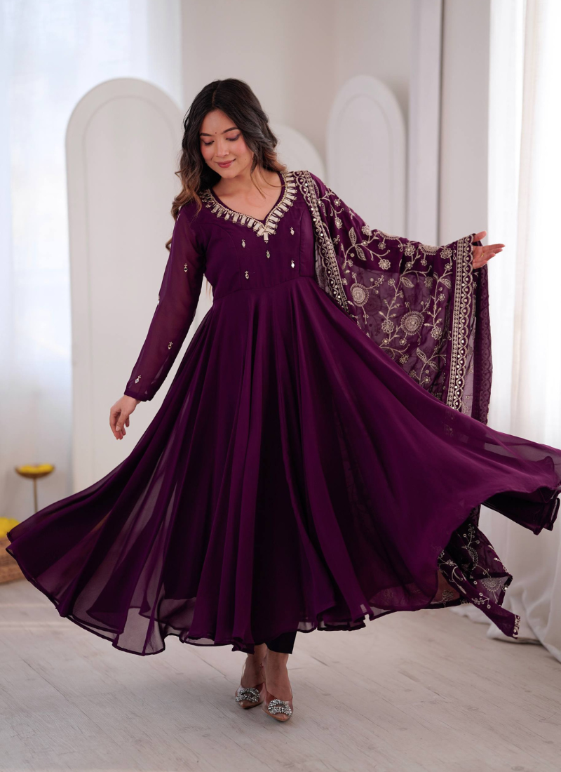 Purple khatli & mirror work georgette gown set