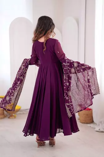 Purple khatli & mirror work georgette gown set