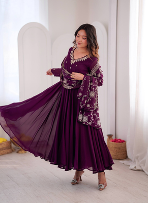 Purple khatli & mirror work georgette gown set 3