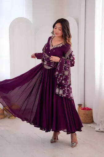 Purple khatli & mirror work georgette gown set