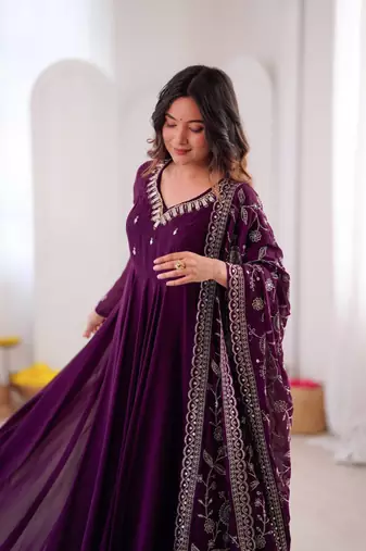 Purple khatli & mirror work georgette gown set