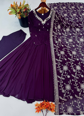 Purple khatli & mirror work georgette gown set 5