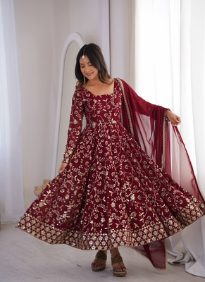 Maroon heavy embroidered georgette anarkali set 1
