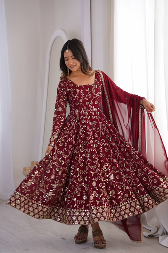 Maroon heavy embroidered georgette anarkali set