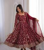 Maroon heavy embroidered georgette anarkali set