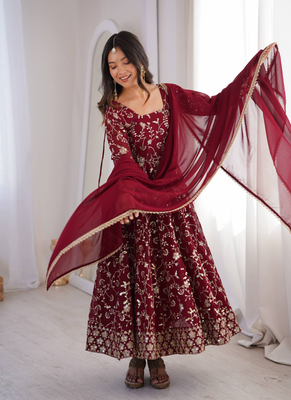 Maroon heavy embroidered georgette anarkali set 2