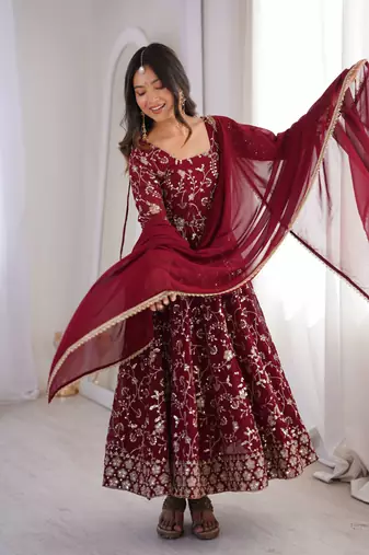 Maroon heavy embroidered georgette anarkali set