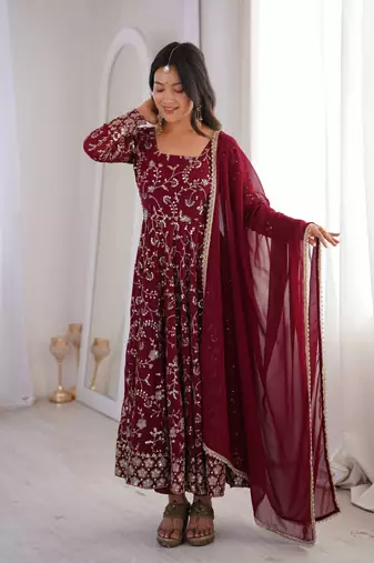 Maroon heavy embroidered georgette anarkali set