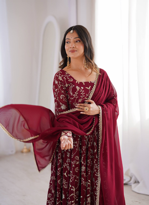 Maroon heavy embroidered georgette anarkali set 4