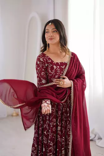 Maroon heavy embroidered georgette anarkali set