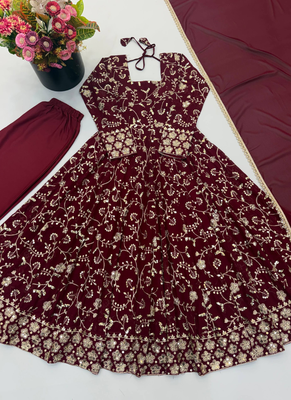 Maroon heavy embroidered georgette anarkali set 5
