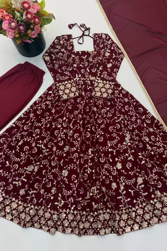 Maroon heavy embroidered georgette anarkali set