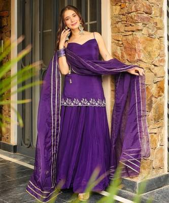 Purple embroidered rangoli silk short kurta palazzo set with lace organza dupatta 2