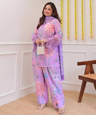 Lavender floral printed embroidered georgette gharara salwar suit set with printed dupatta 1