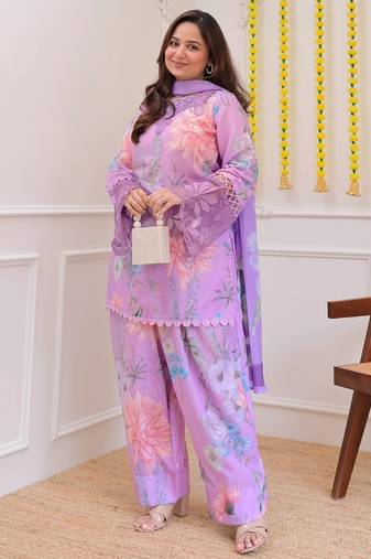 Lavender floral printed embroidered georgette gharara salwar suit set with printed dupatta
