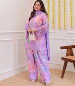 Lavender floral printed embroidered georgette gharara salwar suit set with printed dupatta