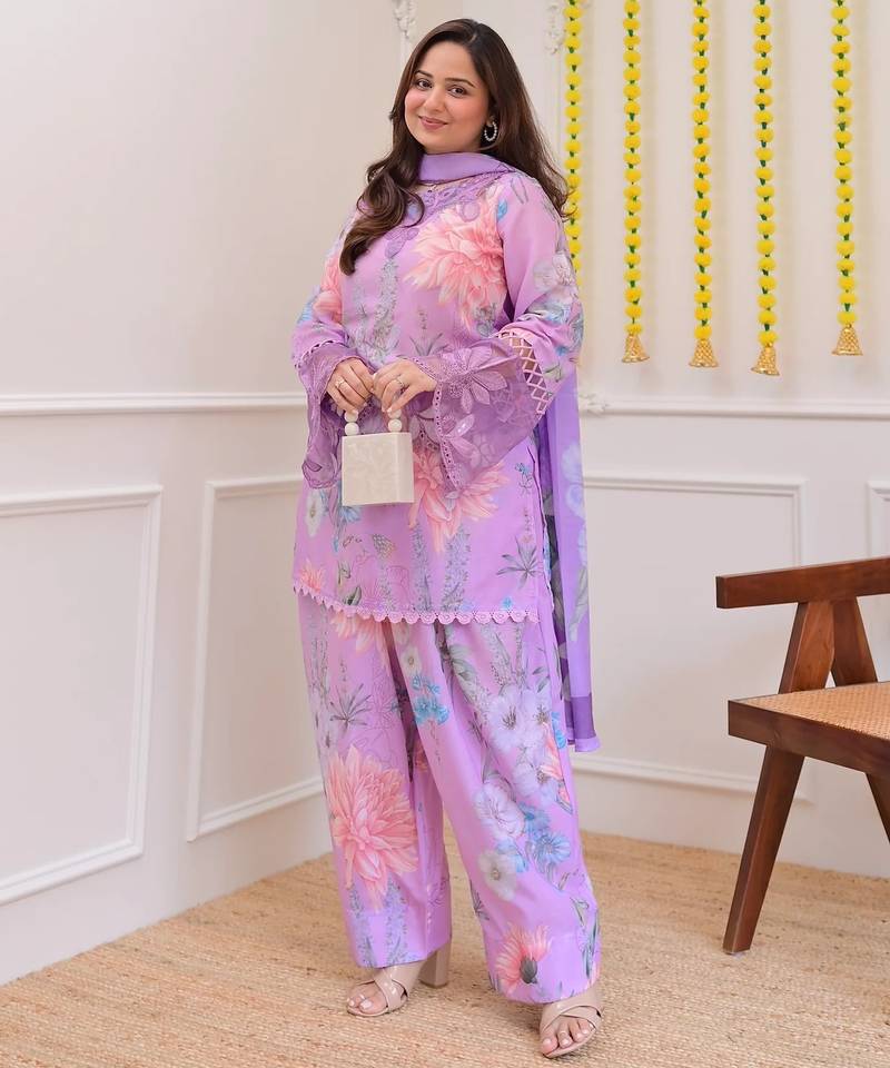 Lavender floral printed embroidered georgette gharara salwar suit set with printed dupatta